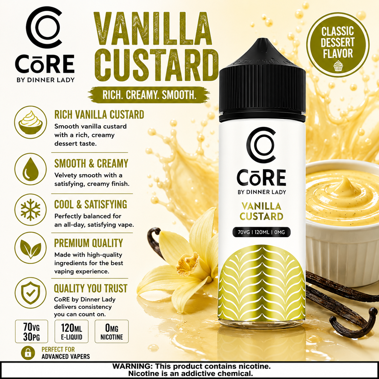 vanilla vape flavor Custard – CORE by Dinner Lady 120ML Fume Non Nicotine Vape Traditional Juice Flavours:Blue NRG
