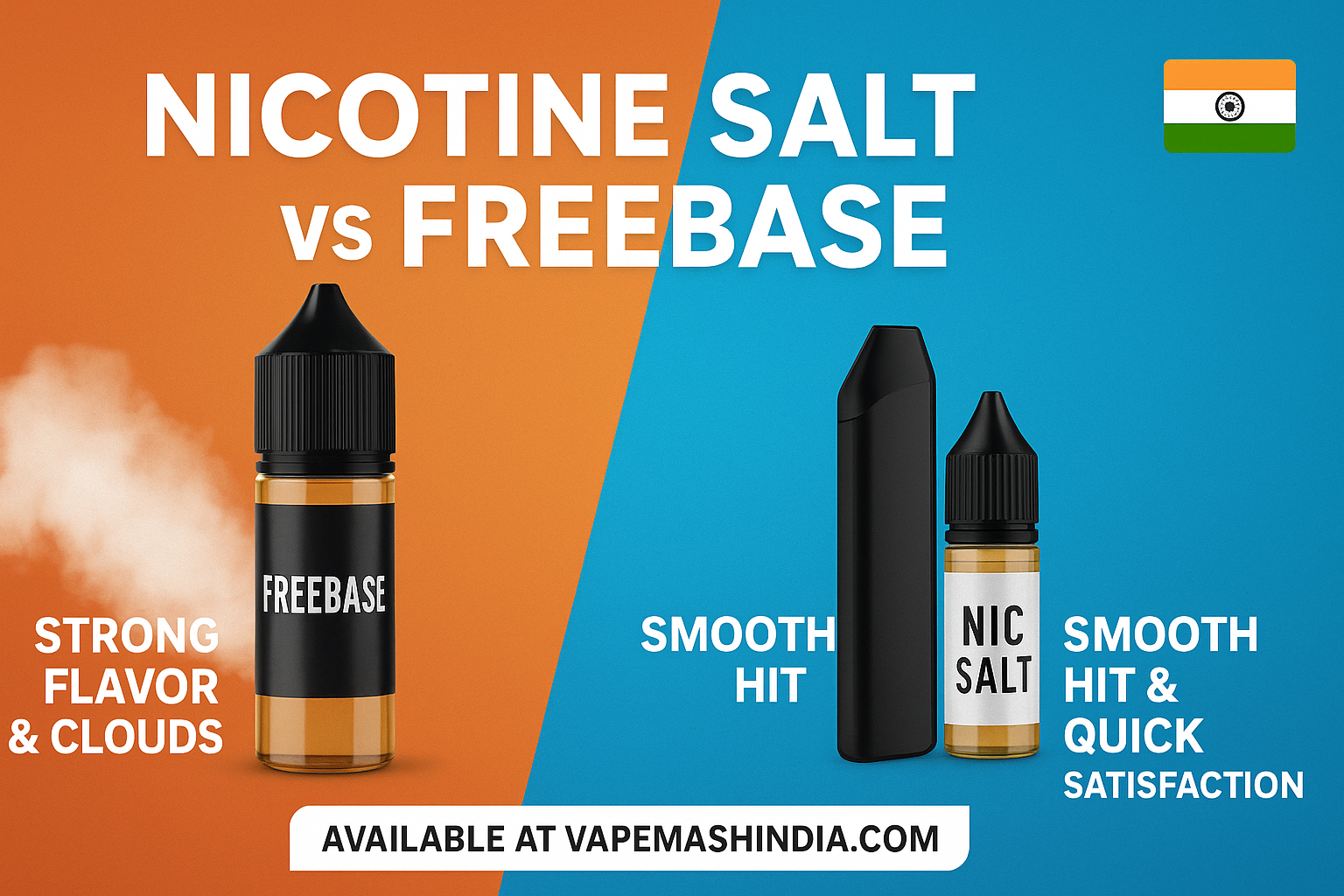 Disposable vs Refillable Vapes comparison banner for Indian vapers 2025, showing Elf Bar disposable vape labeled Easy to Use and refillable vape labeled Customizable, available at VapeMashIndia.com.