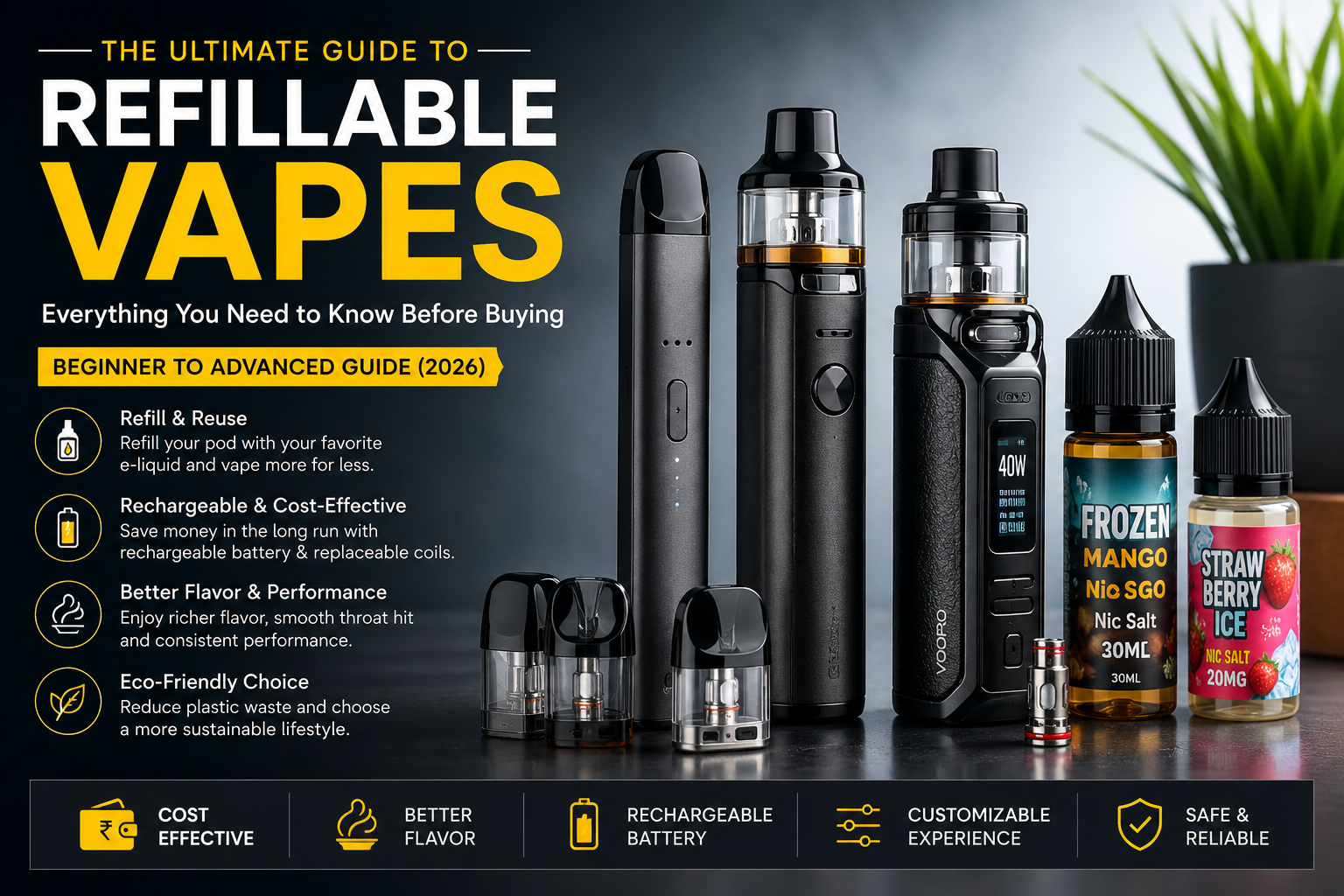 modern refillable vape pod kit with vape juice bottles