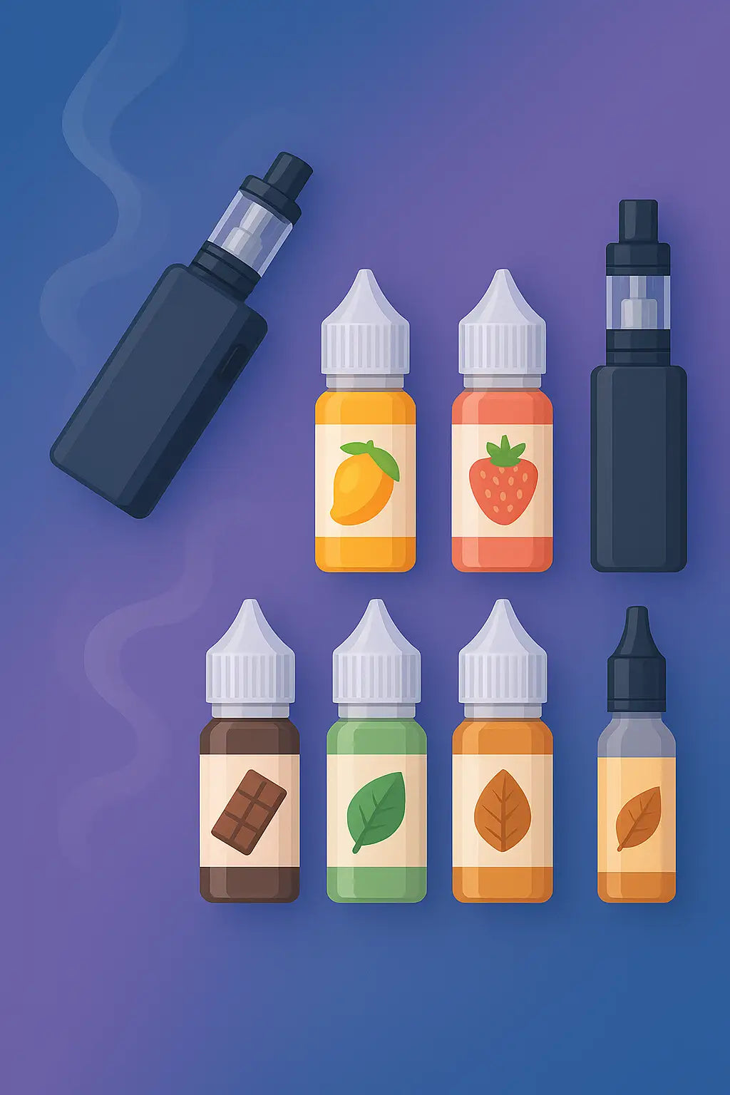 Different e-liquid flavor bottles with vape devices – mango, strawberry, chocolate, mint, and tobacco options