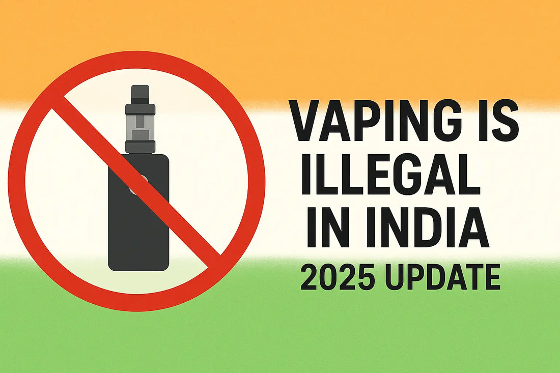 llustration of a vape device crossed out with a red ban symbol on an Indian flag background, with text saying Vaping is Illegal in India – 2025 Update