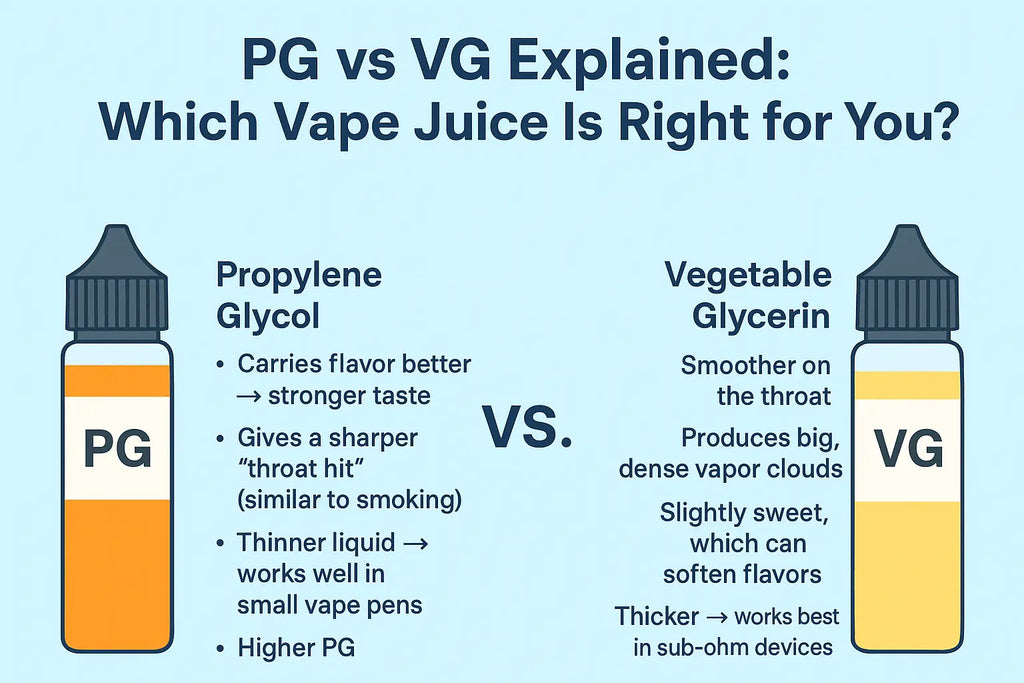Infographic comparing PG (Propylene Glycol) and VG (Vegetable Glycerin) e-liquid properties.