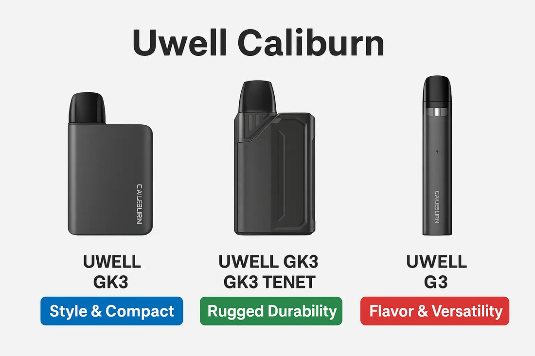 Uwell Caliburn vape pen with sleek black design, compact size, and durable build