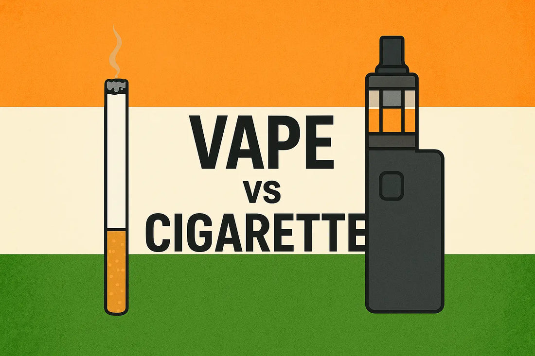 Illustration showing a cigarette on the left and a vape device on the right with the text ‘Vape vs Cigarette’ over an Indian flag background, symbolizing comparison and awareness for Indian smokers