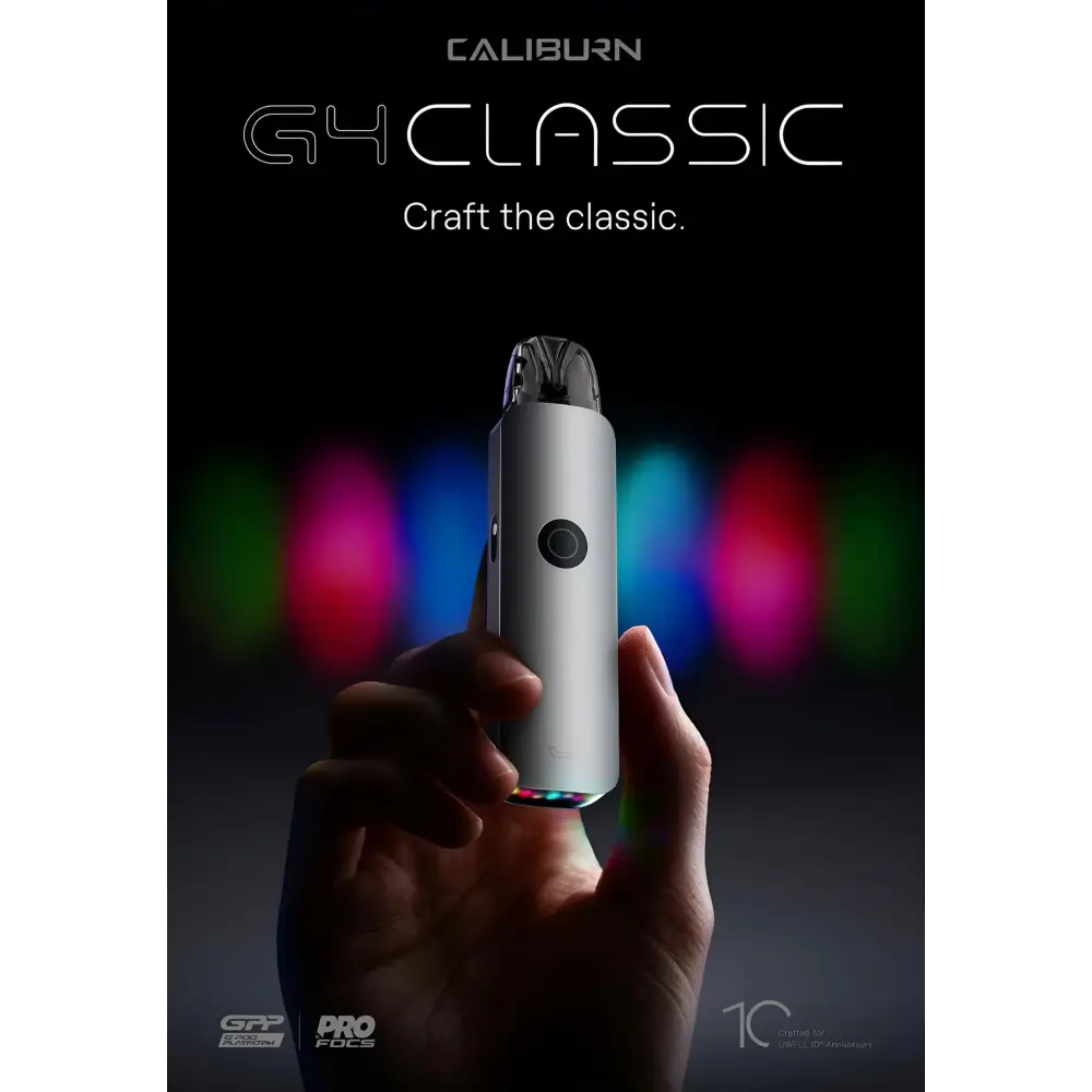 Caliburn G4 Classic vape device held in a hand with colorful blurred lights in the background