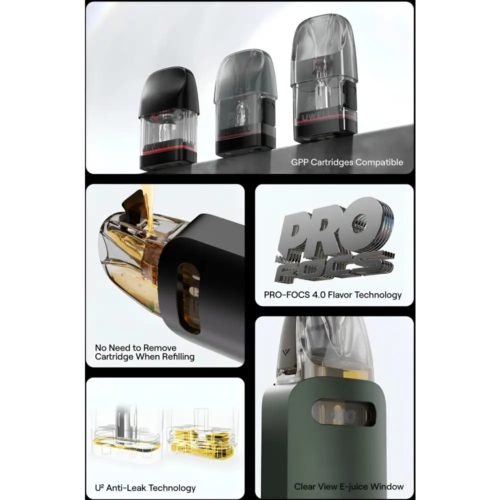 Collage of vape device components and features with text highlighting compatibility, technology, and design elements.