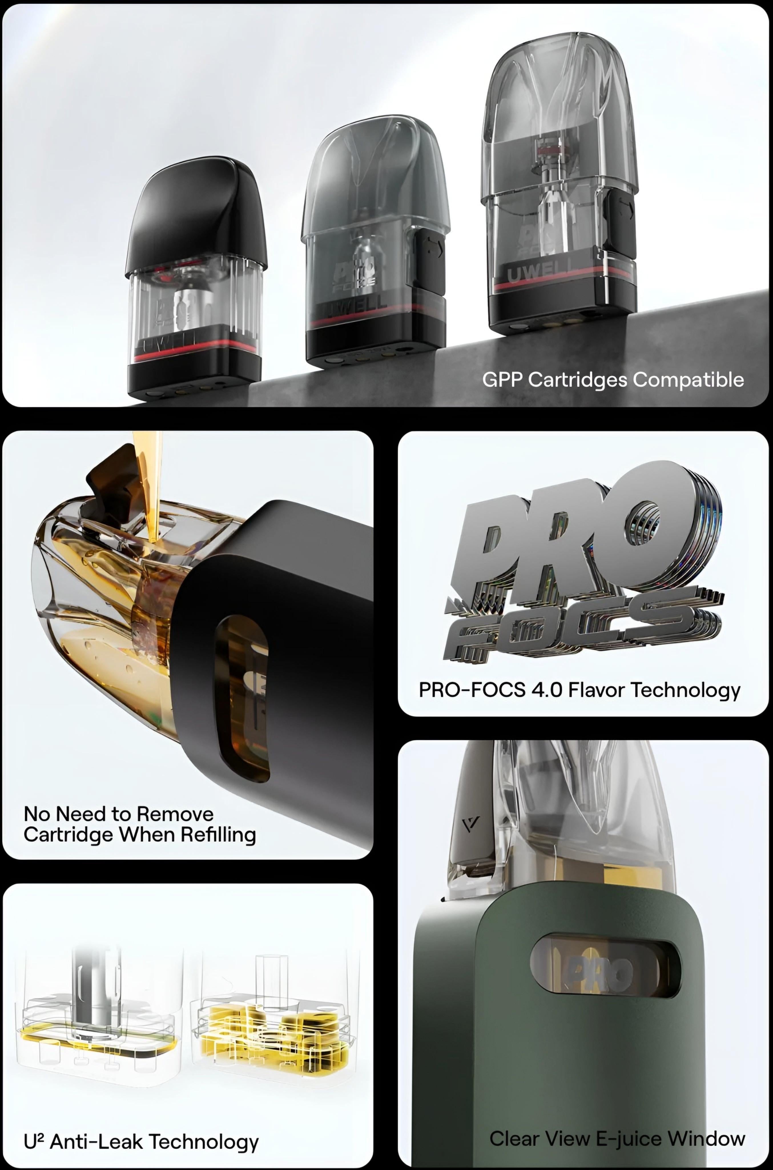 Collage of vape device components and features with text highlighting compatibility, technology, and design elements.