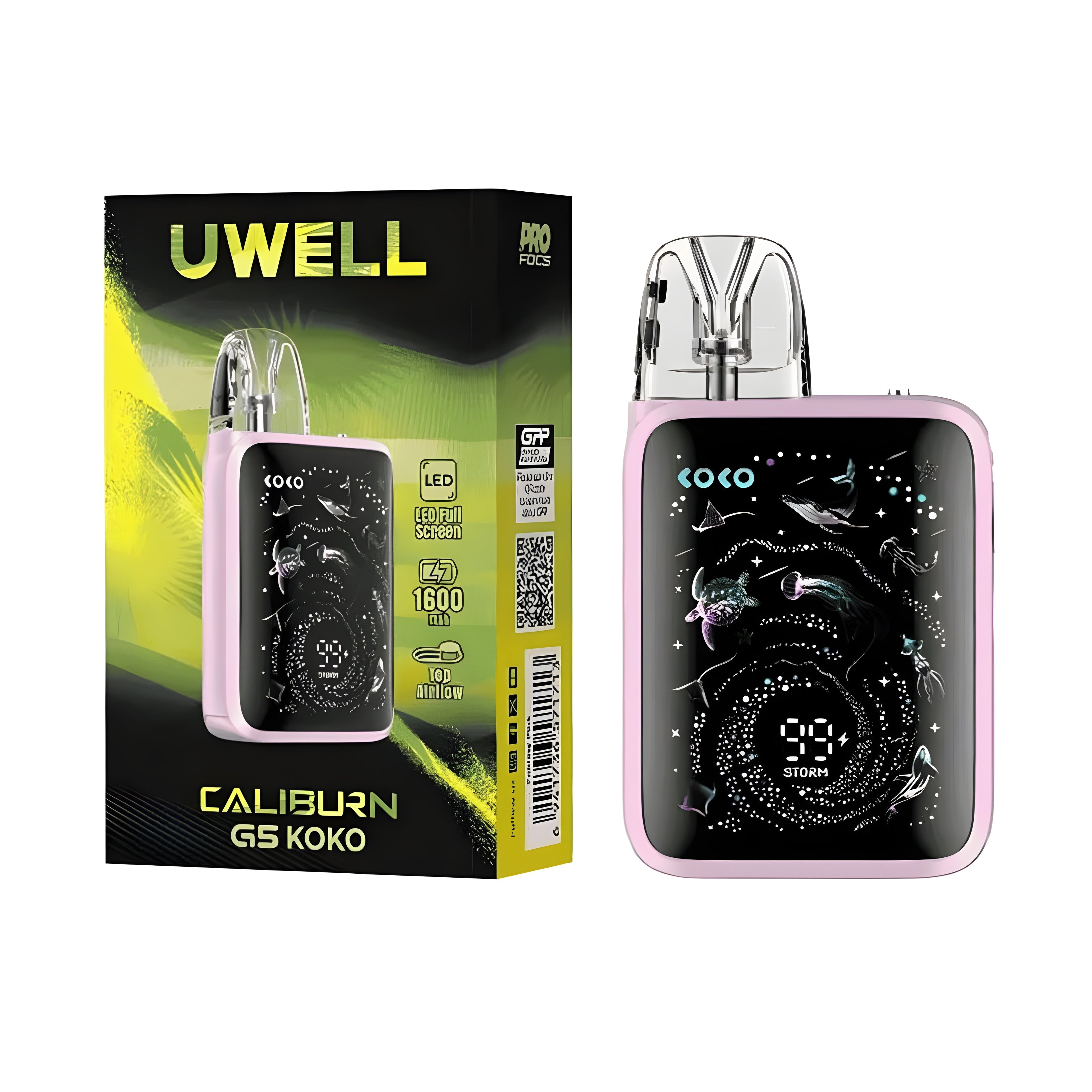 Uwell Caliburn G5 Koko disposable vape device in pink and black shown next to its retail packaging box on a white background.