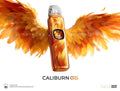 A Caliburn G5 pod system vape device with a metallic amber-orange finish and a clear mouthpiece, centered against a white background with large orange and yellow feather wings behind it. Text below reads 'CALIBURN G5', with small feature callouts and logos at the bottom.