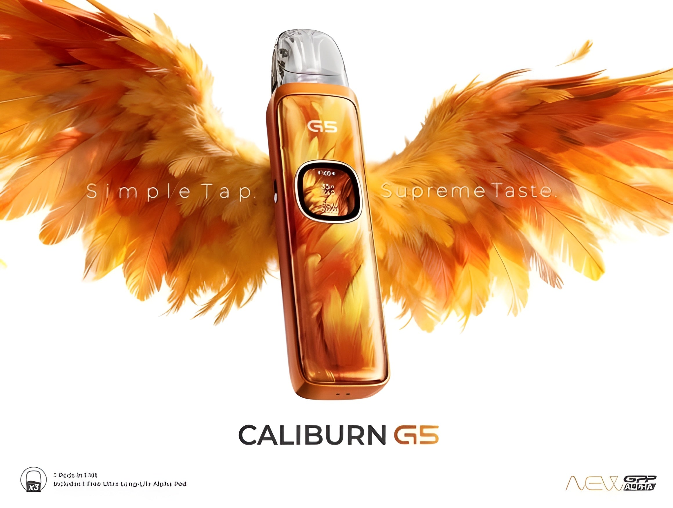 A Caliburn G5 pod system vape device with a metallic amber-orange finish and a clear mouthpiece, centered against a white background with large orange and yellow feather wings behind it. Text below reads 'CALIBURN G5', with small feature callouts and logos at the bottom.