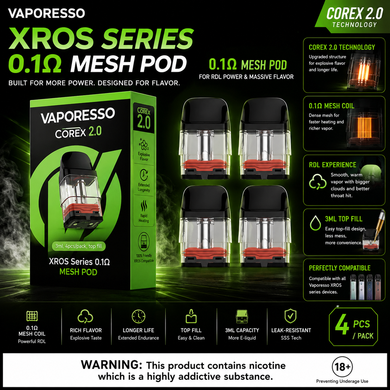 Vape Mash India Vaporesso XROS Series COREX 2.0 replacement pods with 0.1Ω mesh coil, 3ml capacity, 4-pack