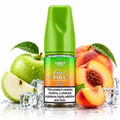 A bottle of Dinner Duty Fruit Full e-liquid in Apple Peach flavor, styled with fresh green apples, sliced peaches, and ice cubes on a reflective white surface.