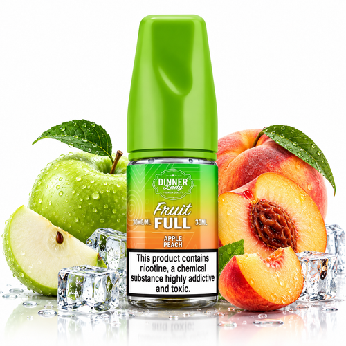A bottle of Dinner Duty Fruit Full e-liquid in Apple Peach flavor, styled with fresh green apples, sliced peaches, and ice cubes on a reflective white surface.