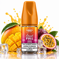 A bottle of Dinner Duty Fruit Full Mango Passion e-liquid centered on a white background, surrounded by fresh mangoes, a sliced passion fruit, ice cubes, and orange syrup splashes. The bottle has an orange cap and a gradient label with the brand 'Dinner Duty' and product name 'Fruit Full'.