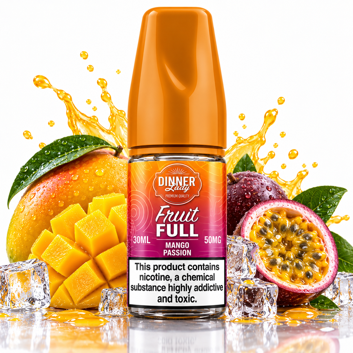 A bottle of Dinner Duty Fruit Full Mango Passion e-liquid centered on a white background, surrounded by fresh mangoes, a sliced passion fruit, ice cubes, and orange syrup splashes. The bottle has an orange cap and a gradient label with the brand 'Dinner Duty' and product name 'Fruit Full'.