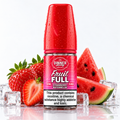 A bottle of Dinner Lady Fruit Full e-liquid, strawberry watermelon flavor, shown with fresh strawberries, watermelon slices, and ice cubes on a reflective white surface.