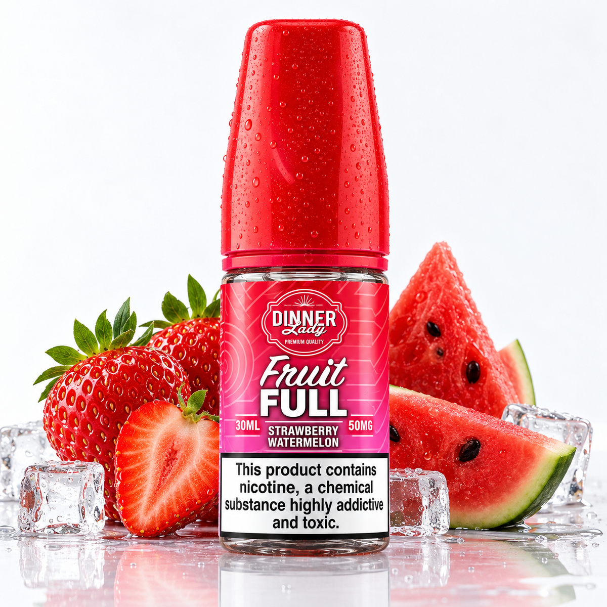 A bottle of Dinner Lady Fruit Full e-liquid, strawberry watermelon flavor, shown with fresh strawberries, watermelon slices, and ice cubes on a reflective white surface.