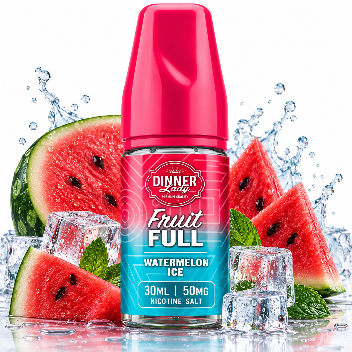 A bottle of Dinner Kool Fruit Full Watermelon Ice nicotine salt e-liquid, shown with watermelon slices, mint leaves, and ice cubes on a white background with water splashes.