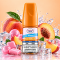 A bottle of Owner Brand 'Ice Moments' Peach Bubble Ice e-liquid, 30ml, surrounded by fresh peaches, pink bubblegum candies, and ice cubes on a peach-colored background.