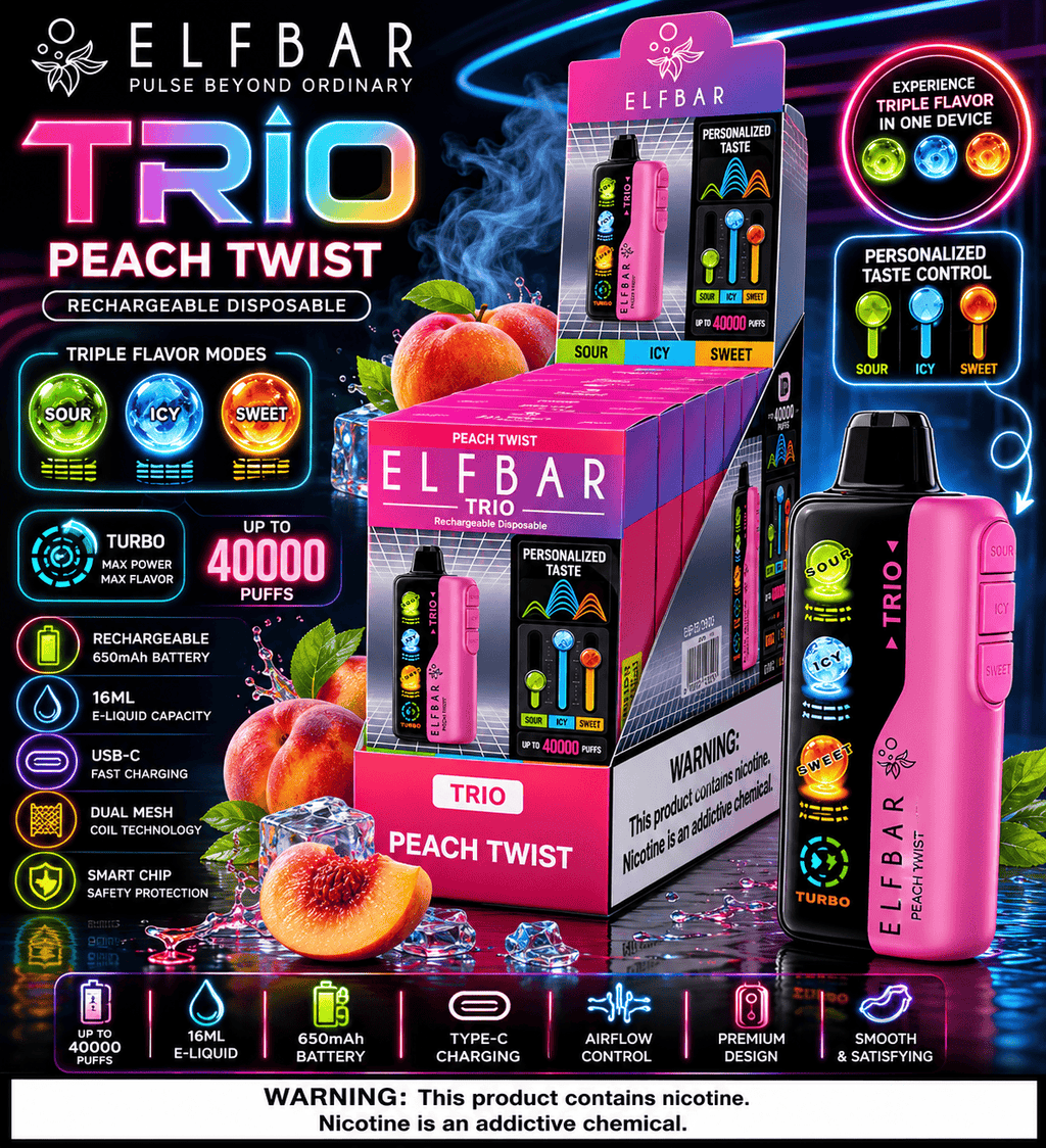 Elfbar Trio disposable vape by Vape Mash India with peach twist flavor, featuring triple flavor mode and rechargeable battery.
