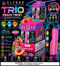 Elfbar Trio disposable vape by Vape Mash India with peach twist flavor, featuring triple flavor mode and rechargeable battery.