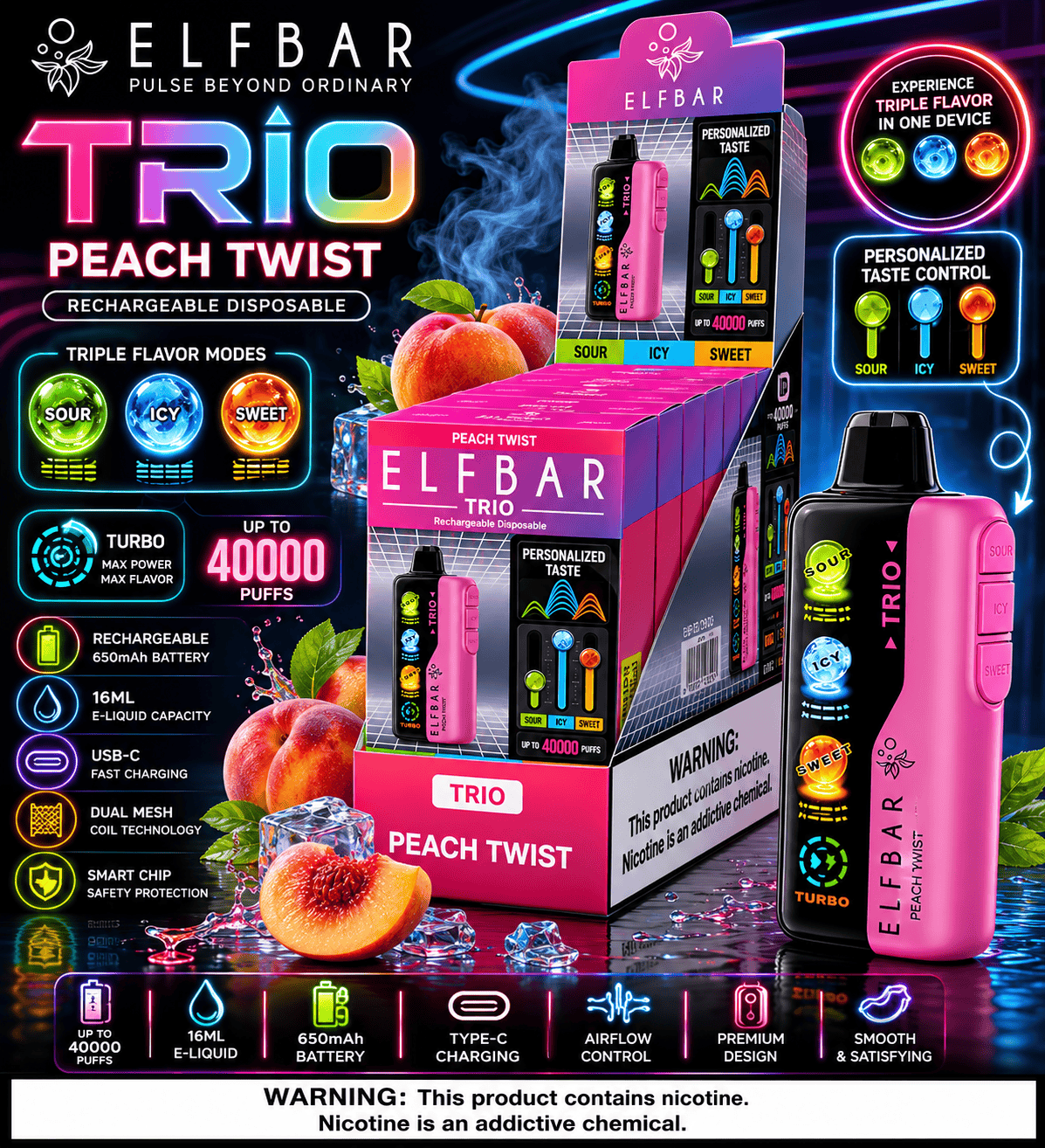 Elfbar Trio disposable vape by Vape Mash India with peach twist flavor, featuring triple flavor mode and rechargeable battery.
