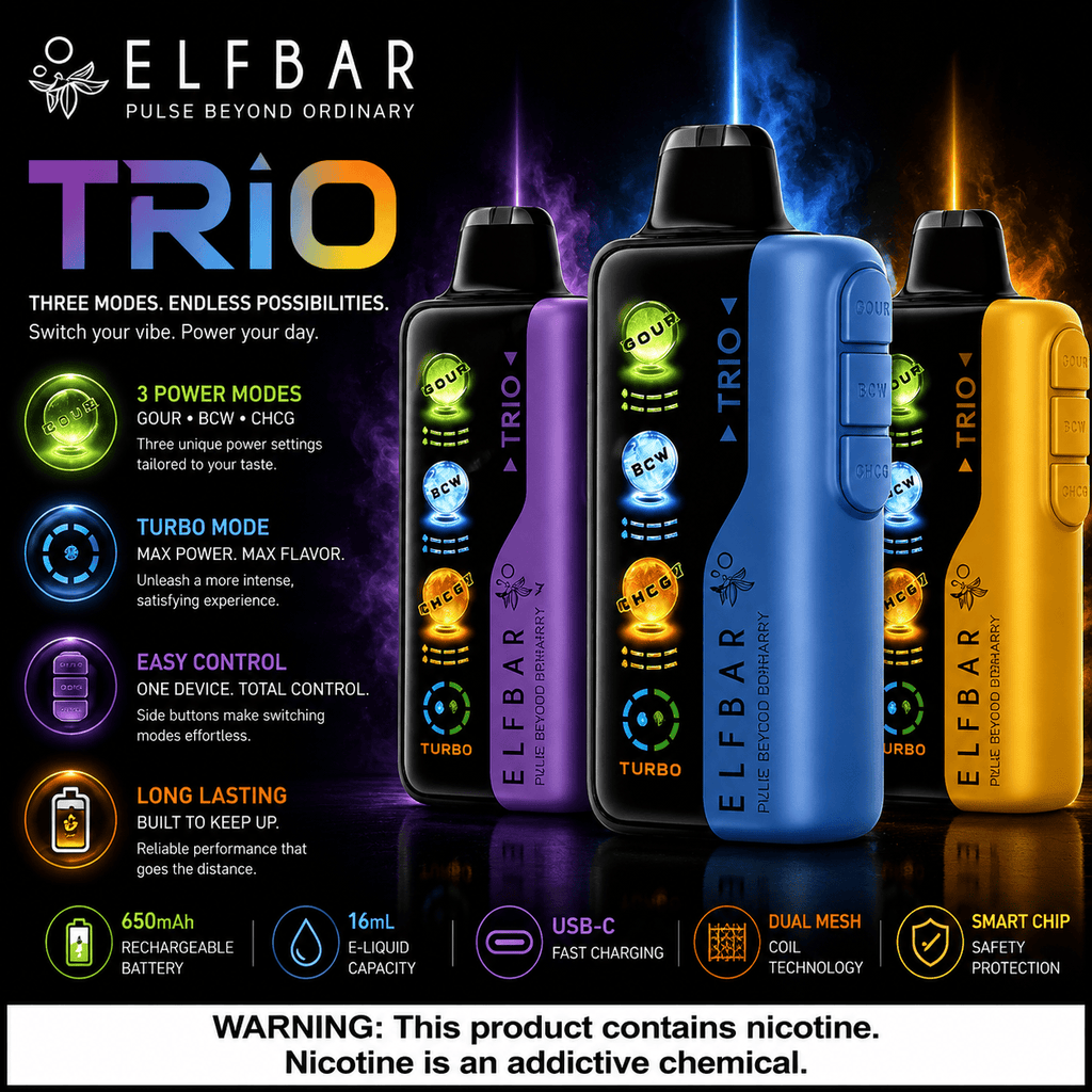 Elfbar Trio Peach Twist disposable vape with rechargeable design and 40000 puffs, from Vape Mash India.