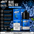 Nasty Burst Salts Blue Razz Ice premium nicotine salts in a 30mL bottle and matching box, featuring a vibrant blue and white design with a blue raspberry illustration, set against a dynamic water splash background.