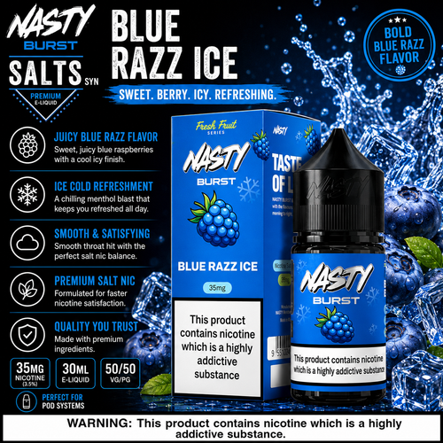 Blue Razz Ice Vape Mash India Nasty Burst 30ML Nic Salt juice with 35MG and 50MG nicotine, featuring blue raspberry and icy flavor.
