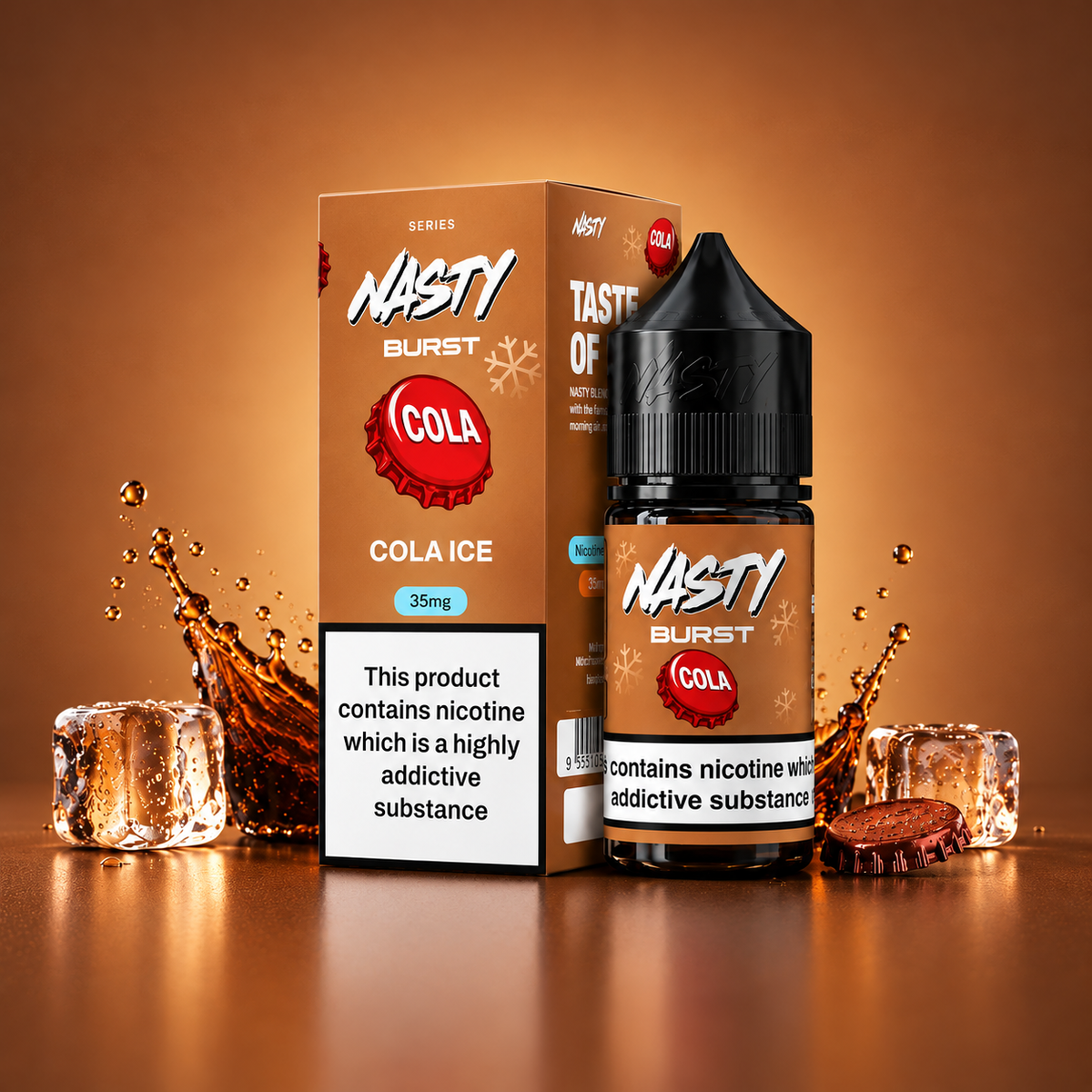 Cola Ice Nasty Burst vape nic salt e-liquid bottle and packaging, 30ml, 35mg nicotine salt from Vape Mash India.