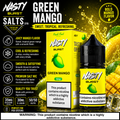 Nasti Burst Salts Green Mango e-liquid 30ml bottle and packaging box on a black background with mango graphics and flavor callouts.