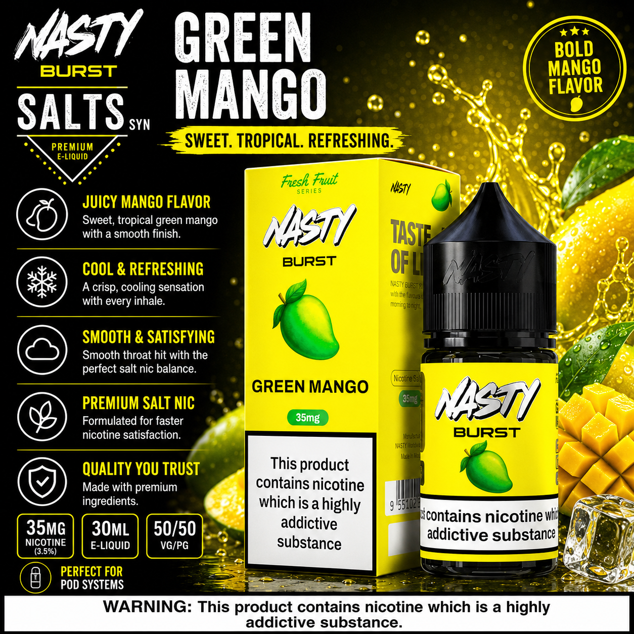Nasti Burst Salts Green Mango e-liquid 30ml bottle and packaging box on a black background with mango graphics and flavor callouts.