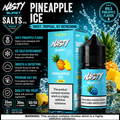 Nasty Burst Salts Pineapple Ice e-liquid packaging and bottle on a dark promotional graphic background with flavor text, icons, and warning labels.