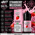 Nasty Burst Salts Syn Strawberry Milkshake e-liquid product packaging and bottle on a dark promotional background with strawberry graphics and feature callouts.