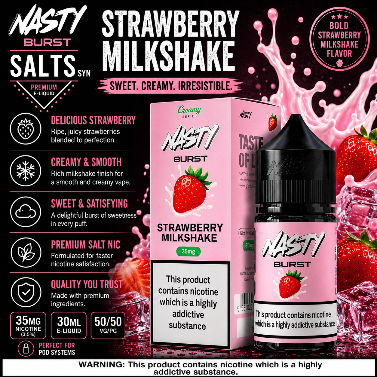 Nasty Burst Salts Syn Strawberry Milkshake e-liquid product packaging and bottle on a dark promotional background with strawberry graphics and feature callouts.