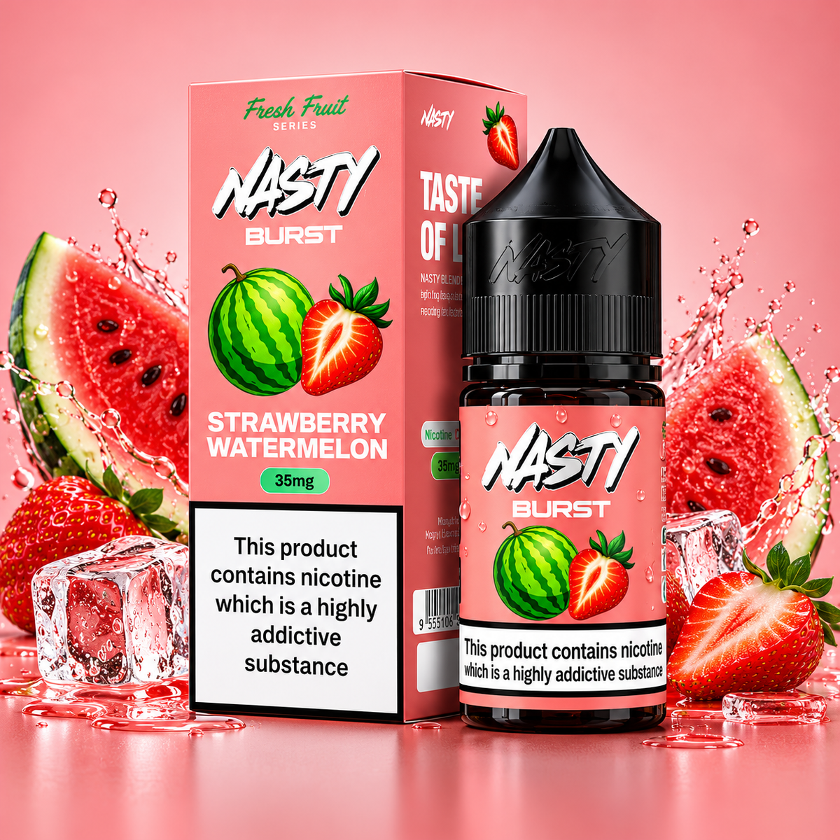 Strawberry Watermelon Nasty Burst nic salt vape juice bottle and packaging by Vape Mash India, 30ml, 35mg nicotine strength.