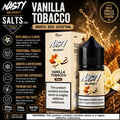 Nasty Burst Vanilla Tobacco Salts e-liquid bottle and box packaging on a dark promotional background with flavor text, icons, and nicotine warning labels.