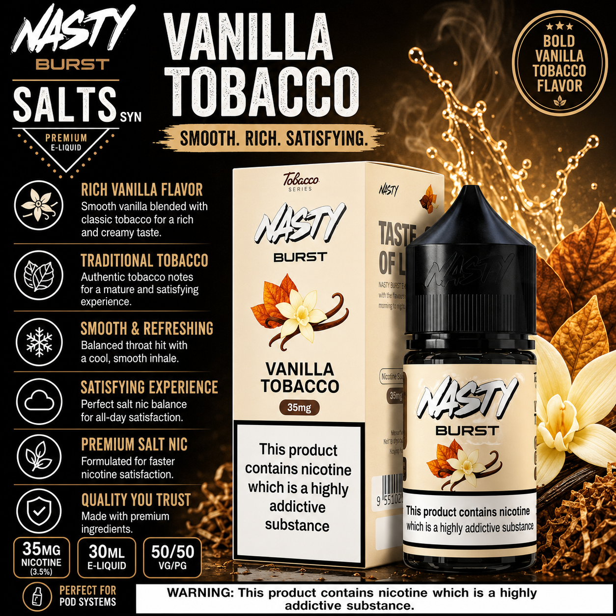 Nasty Burst Vanilla Tobacco Salts e-liquid bottle and box packaging on a dark promotional background with flavor text, icons, and nicotine warning labels.
