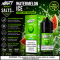 NASTY Burst Watermelon Ice e-liquid 30ml bottle and packaging box on a dark green splash background with watermelon slices, text callouts, and product features.