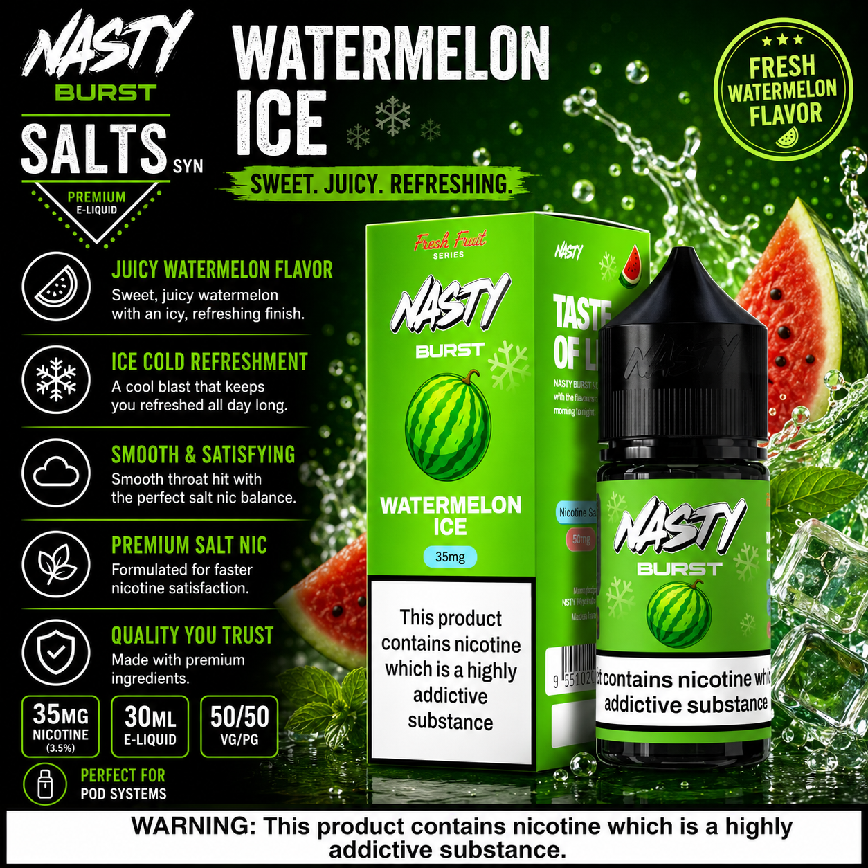 NASTY Burst Watermelon Ice e-liquid 30ml bottle and packaging box on a dark green splash background with watermelon slices, text callouts, and product features.