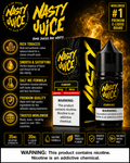 Nasty Juice Cubano e-liquid bottle and box packaging shown against a fiery black and orange background, with product details, flavor claims, and warning labels displayed around the item.