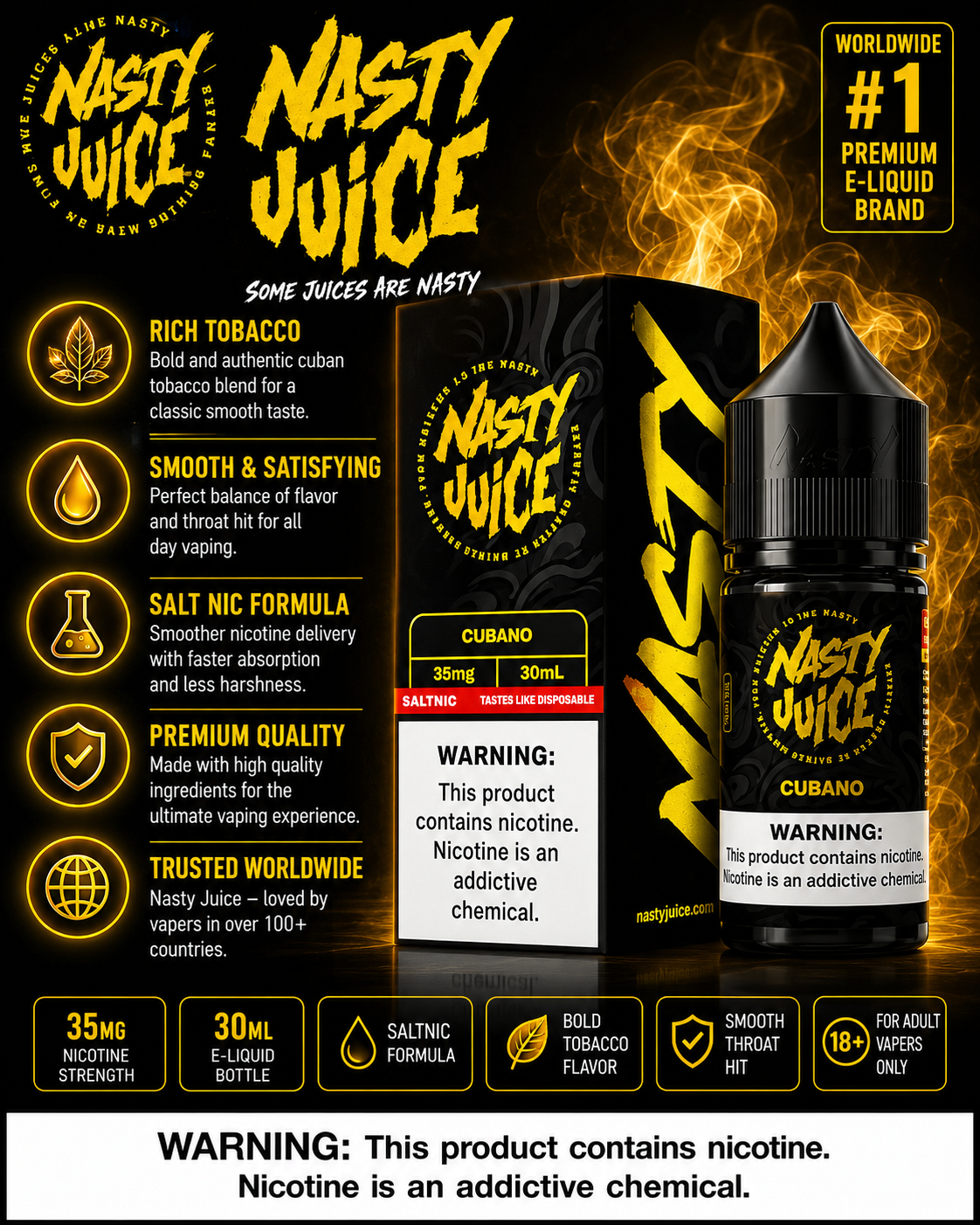 Nasty Juice Cubano e-liquid bottle and box packaging shown against a fiery black and orange background, with product details, flavor claims, and warning labels displayed around the item.