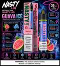 Nasty Liq Guava Ice e-liquid kit packaging and bottle on a dark, neon-lit background with water splash graphics and flavor icons.