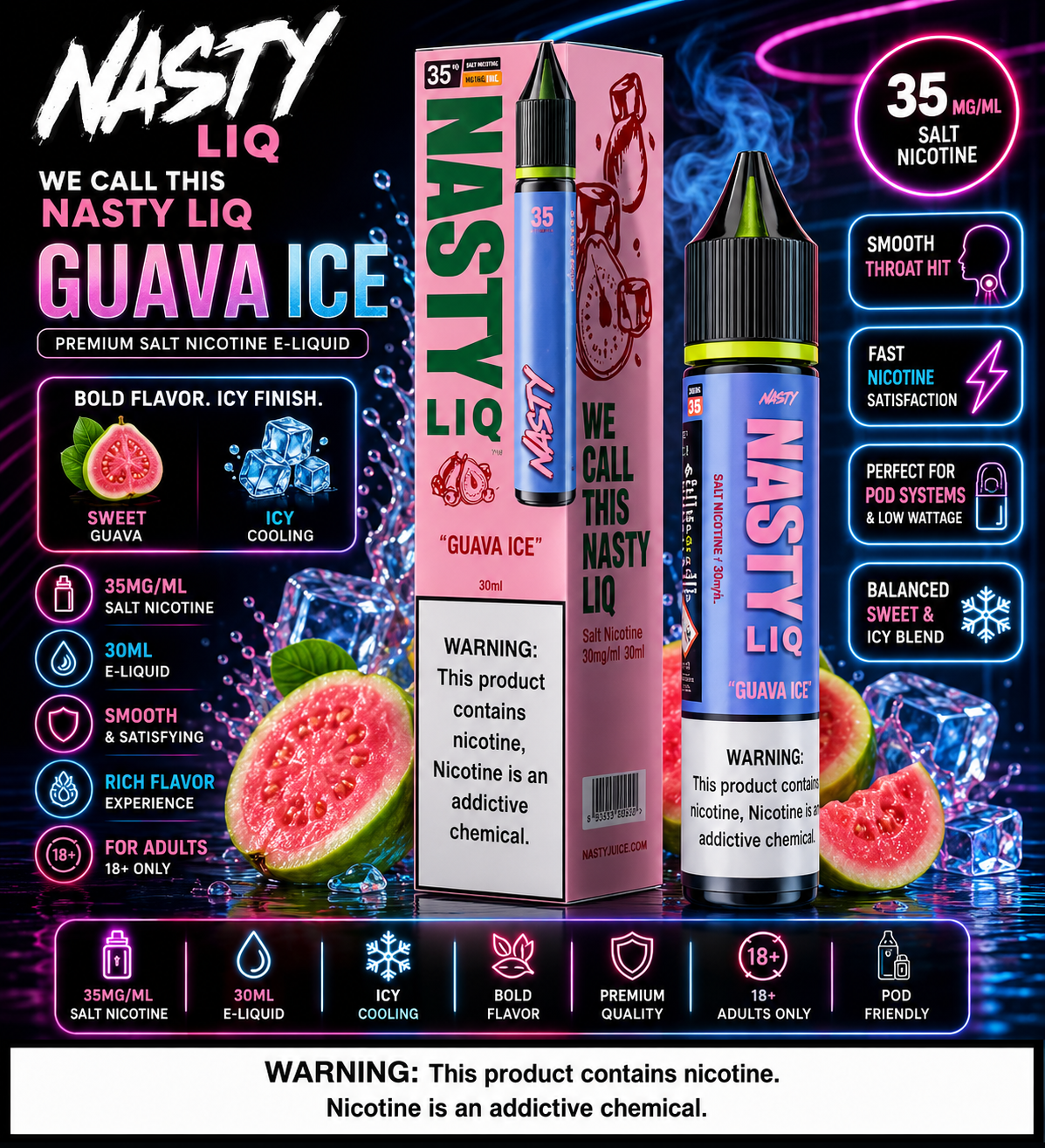 Nasty Liq Guava Ice e-liquid kit packaging and bottle on a dark, neon-lit background with water splash graphics and flavor icons.