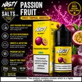 Nasty Burst Passion Fruit Salts 35mg e-liquid bottle and packaging box on a dark, vibrant passion fruit themed background with ice cubes, sliced fruit, and feature callouts.