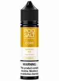 A bottle of POD SALT Hit The Spot Core vape liquid in Mango Ice flavor, featuring a black cap and a label with a gold and white design, set against a plain white background.