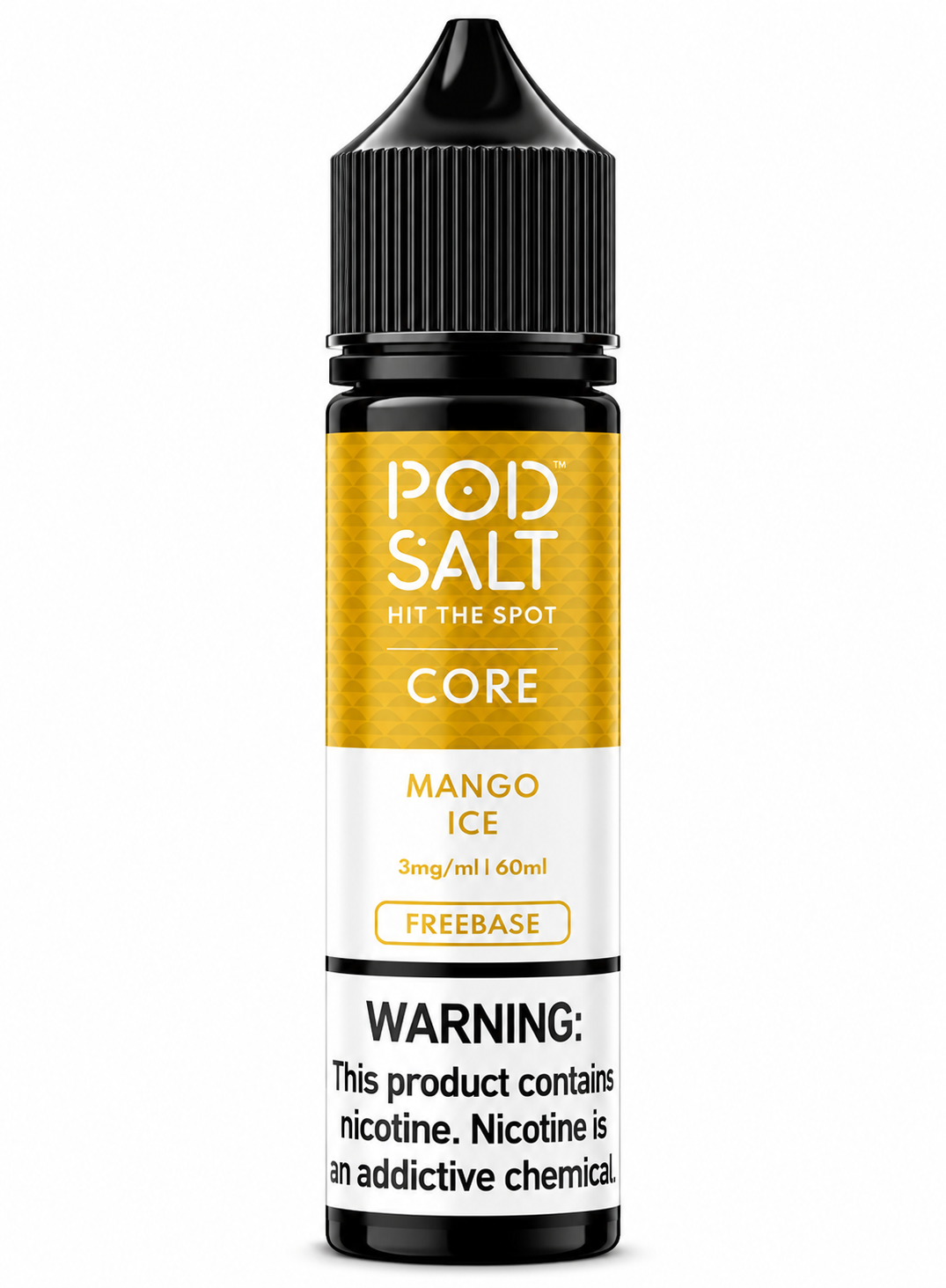 A bottle of POD SALT Hit The Spot Core vape liquid in Mango Ice flavor, featuring a black cap and a label with a gold and white design, set against a plain white background.
