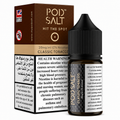 A bottle of POD SALT Classic Tobacco e-liquid next to its brown and beige packaging box, featuring prominent health warnings and an 18+ age restriction symbol on a white background.