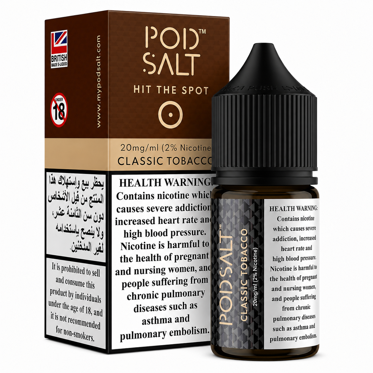 A bottle of POD SALT Classic Tobacco e-liquid next to its brown and beige packaging box, featuring prominent health warnings and an 18+ age restriction symbol on a white background.