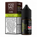 A bottle of Pod Salt Hit The Spot Core Cola Lime e-liquid next to its retail box packaging, featuring a dark brown and black design with a lime green accent band and health warning labels.